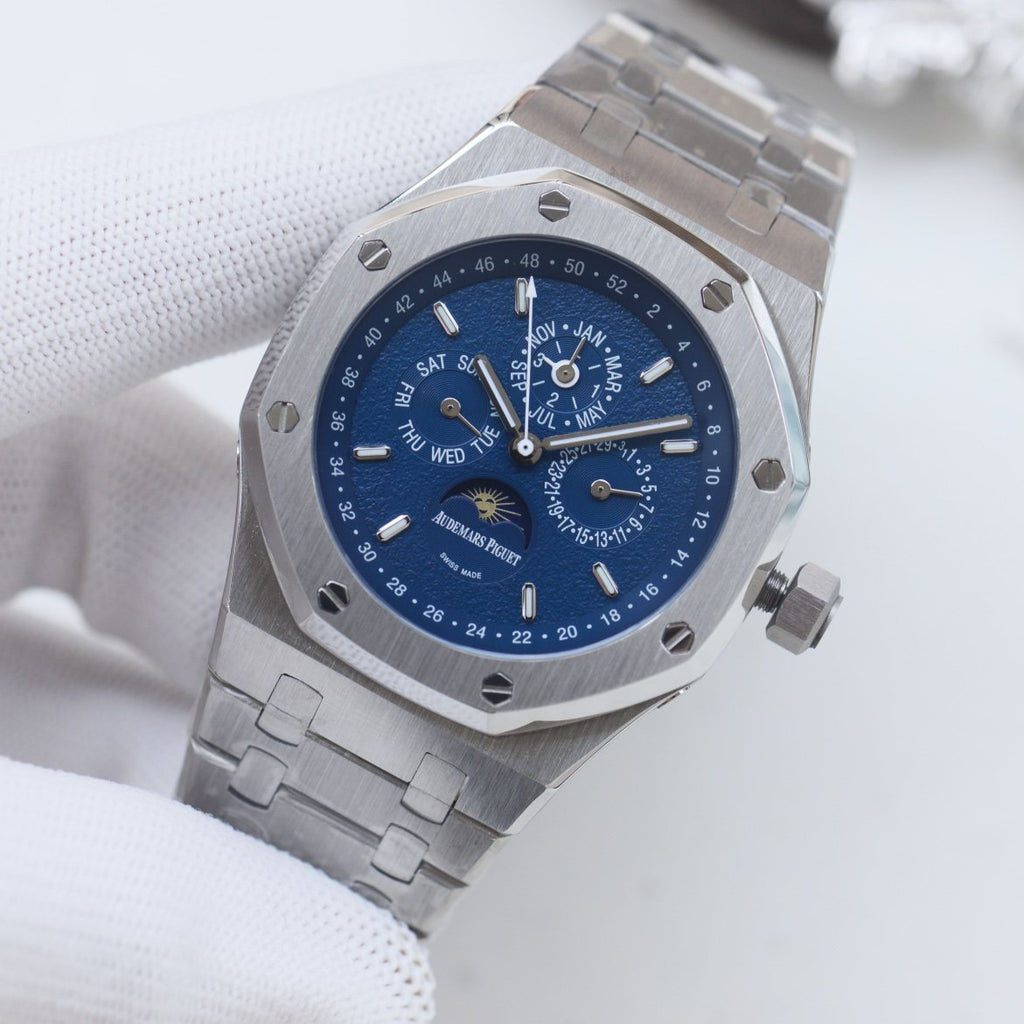 Audemars Piguet Silver Blue Dial Bracelet Watch — front
