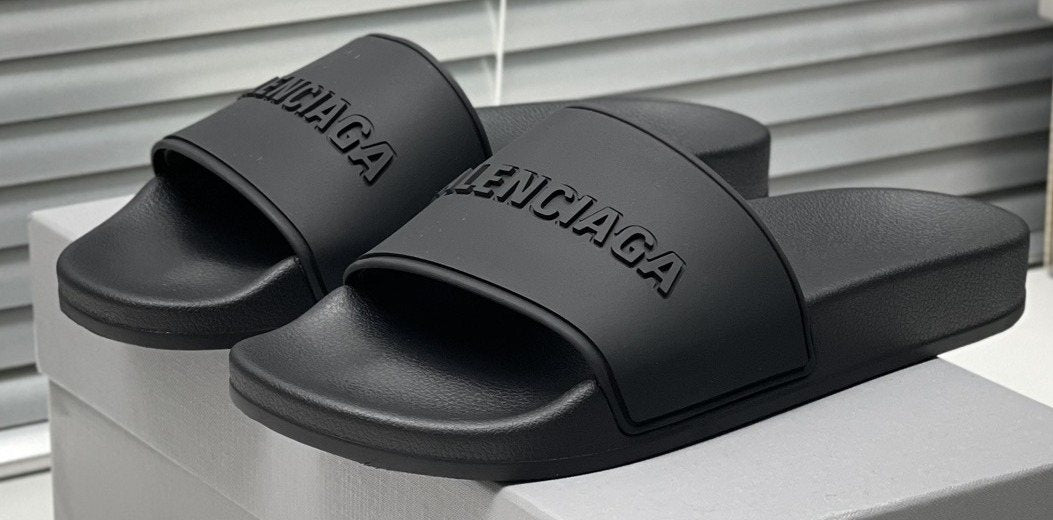 Balenciaga Black Embossed Slide Sandals — front