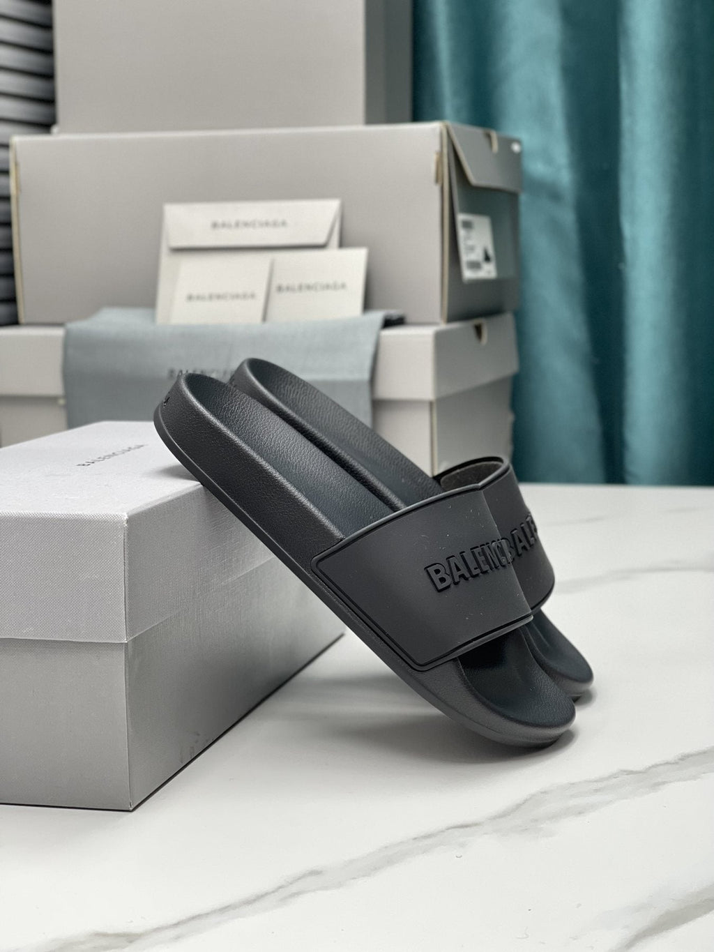 Balenciaga Black Embossed Slide Sandals — side