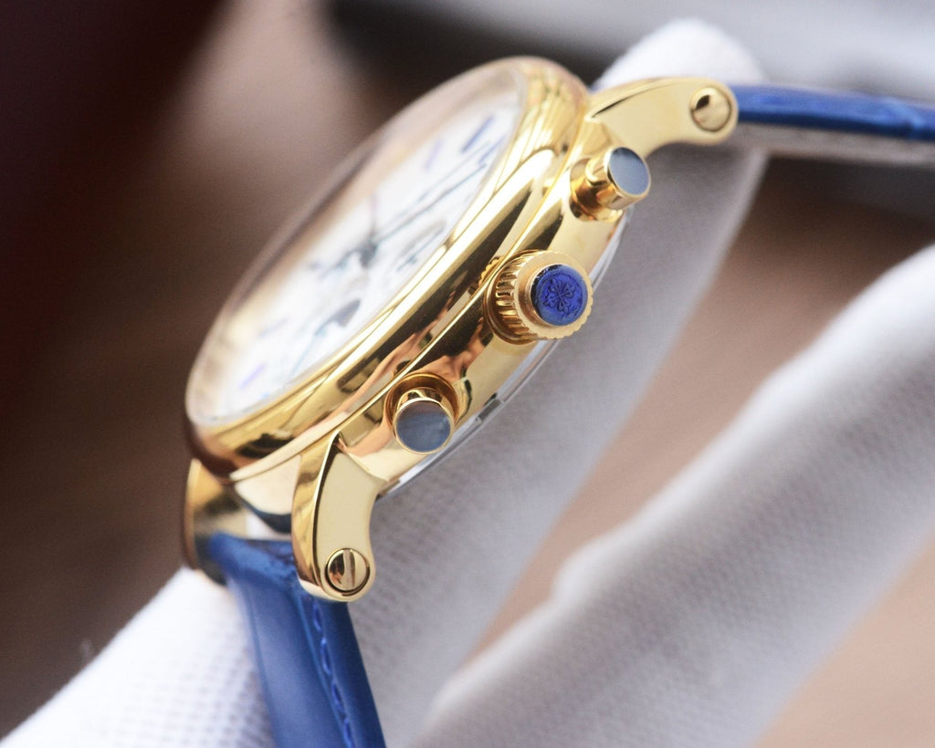 Patek Philippe Gold Blue White Dial Strap Watch — side