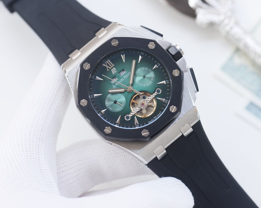 Audemars Piguet Silver Black Green Dial Strap Watch — hero