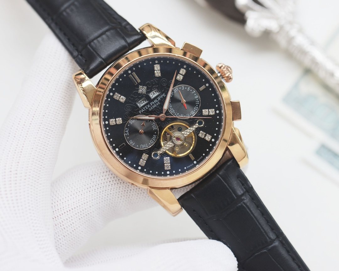 PATEK PHILIPPE Gold Black Dial Strap Watch — hero