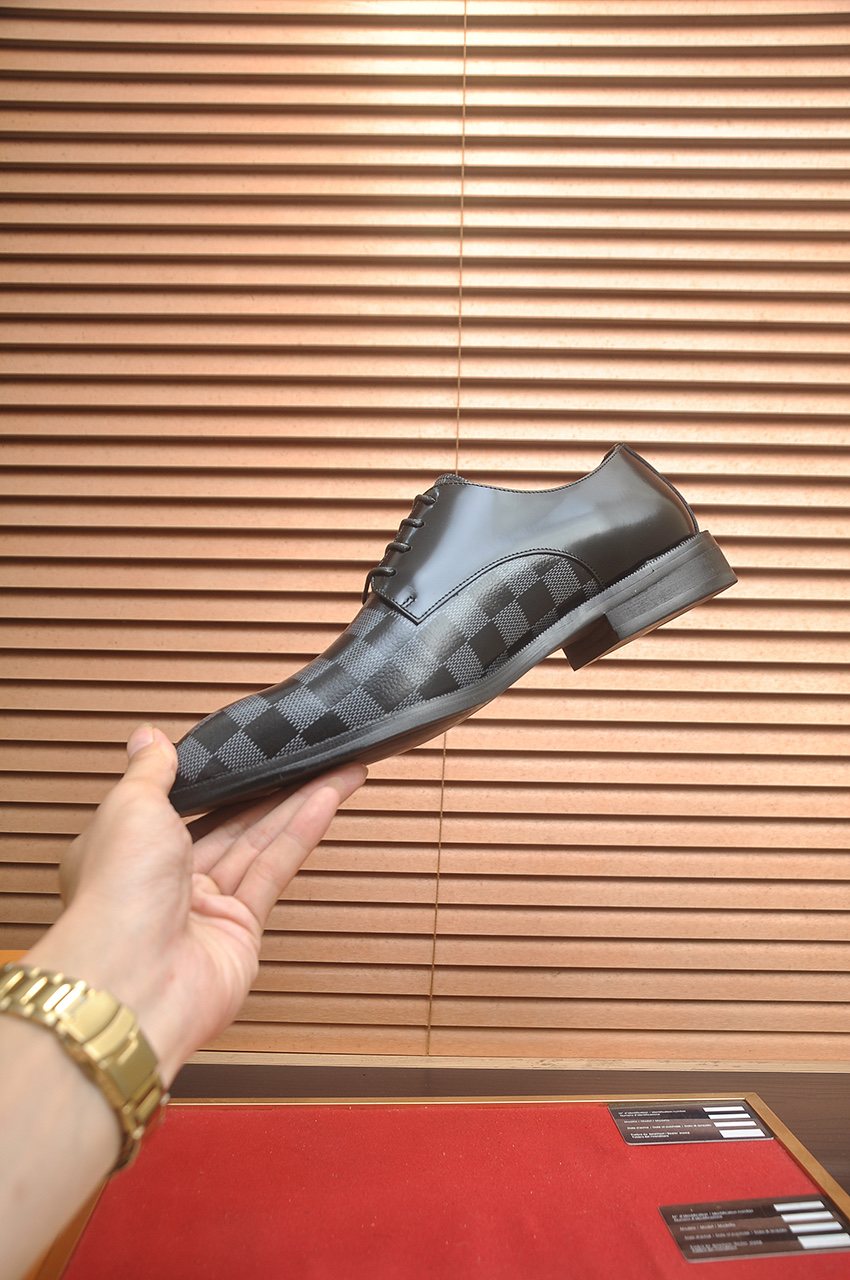 Louis Vuitton Black & Gray Checkerboard Lace-Up Dress Shoes — side