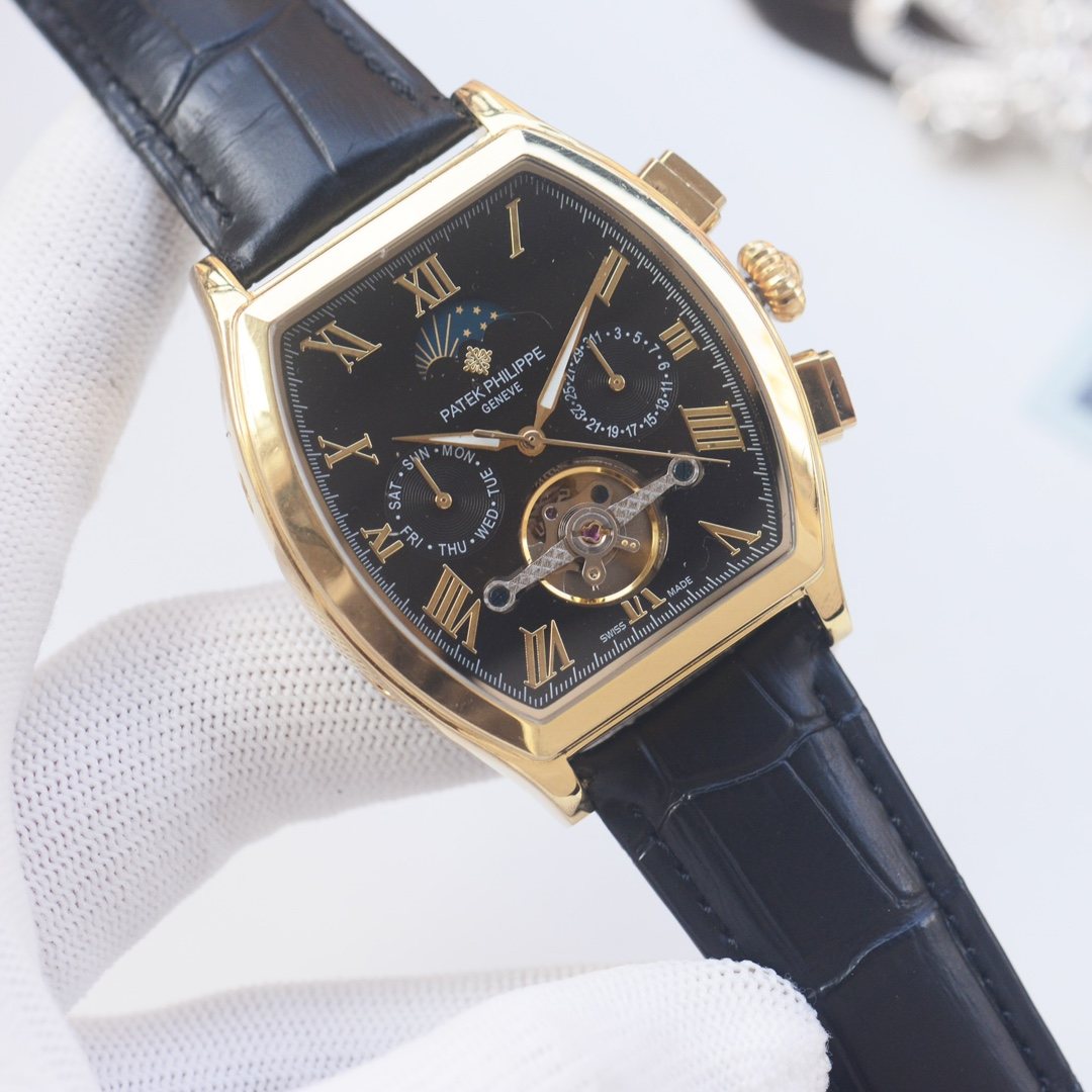 PATEK PHILIPPE Gold Black Dial Leather Strap Watch — hero
