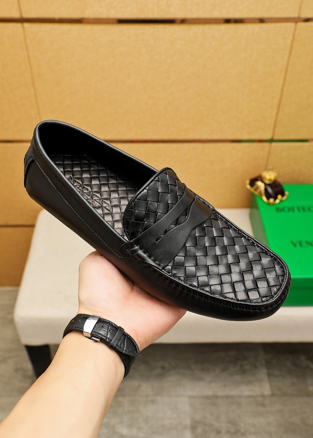 Bottega Veneta Black Woven Leather Loafers — model