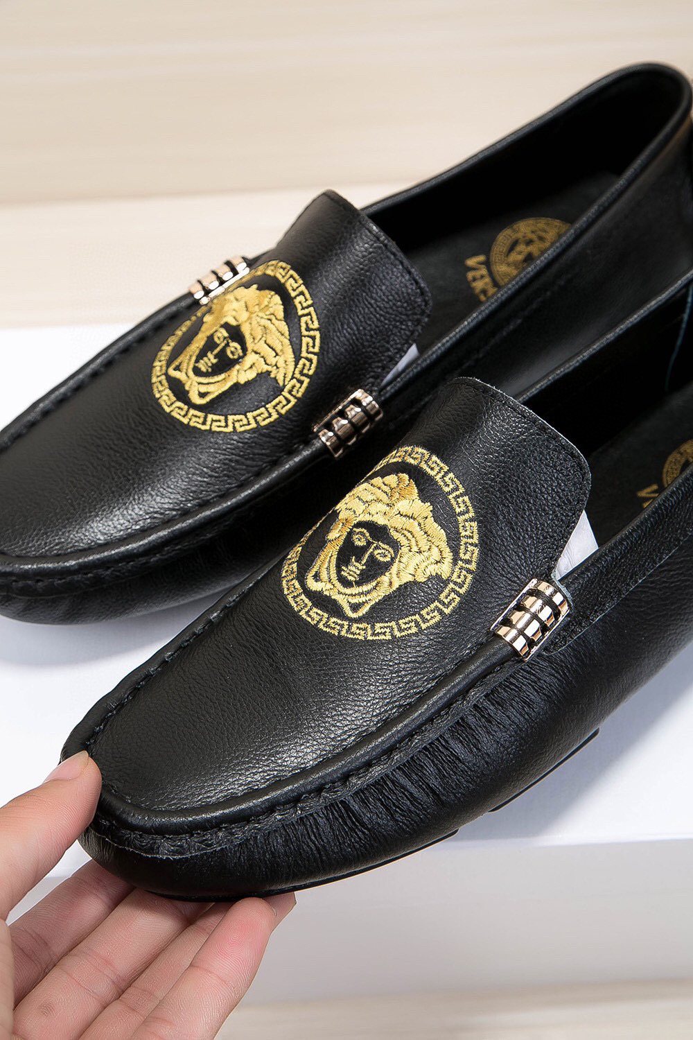 Versace Black Gold Medallion Loafers — side