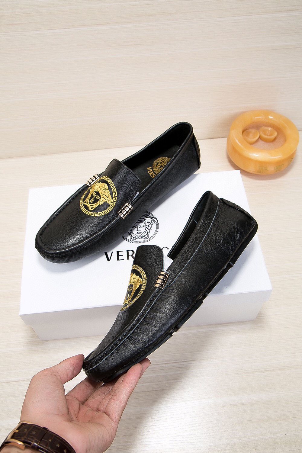 Versace Black Gold Medallion Loafers — side