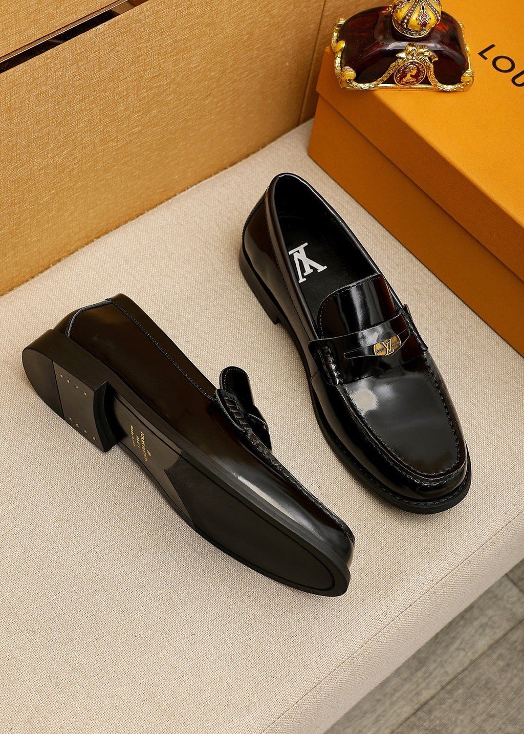 Louis Vuitton Black Leather Buckle Loafers — front