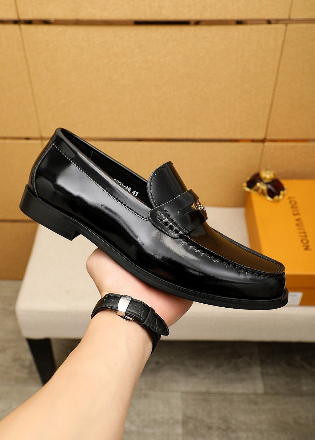 Louis Vuitton Black Leather Buckle Loafers — model