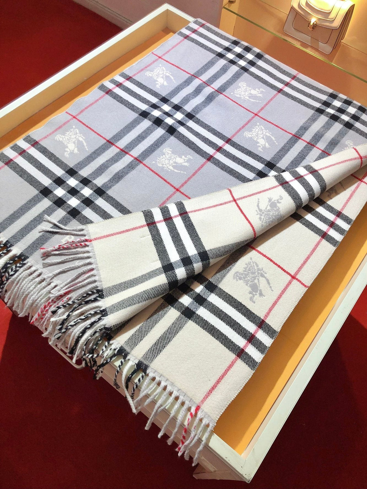 Burberry Embroidered Plaid Fringe Scarf — detail