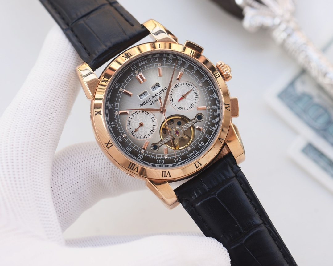 Patek Philippe Rose Gold Black White Dial Strap Watch — hero