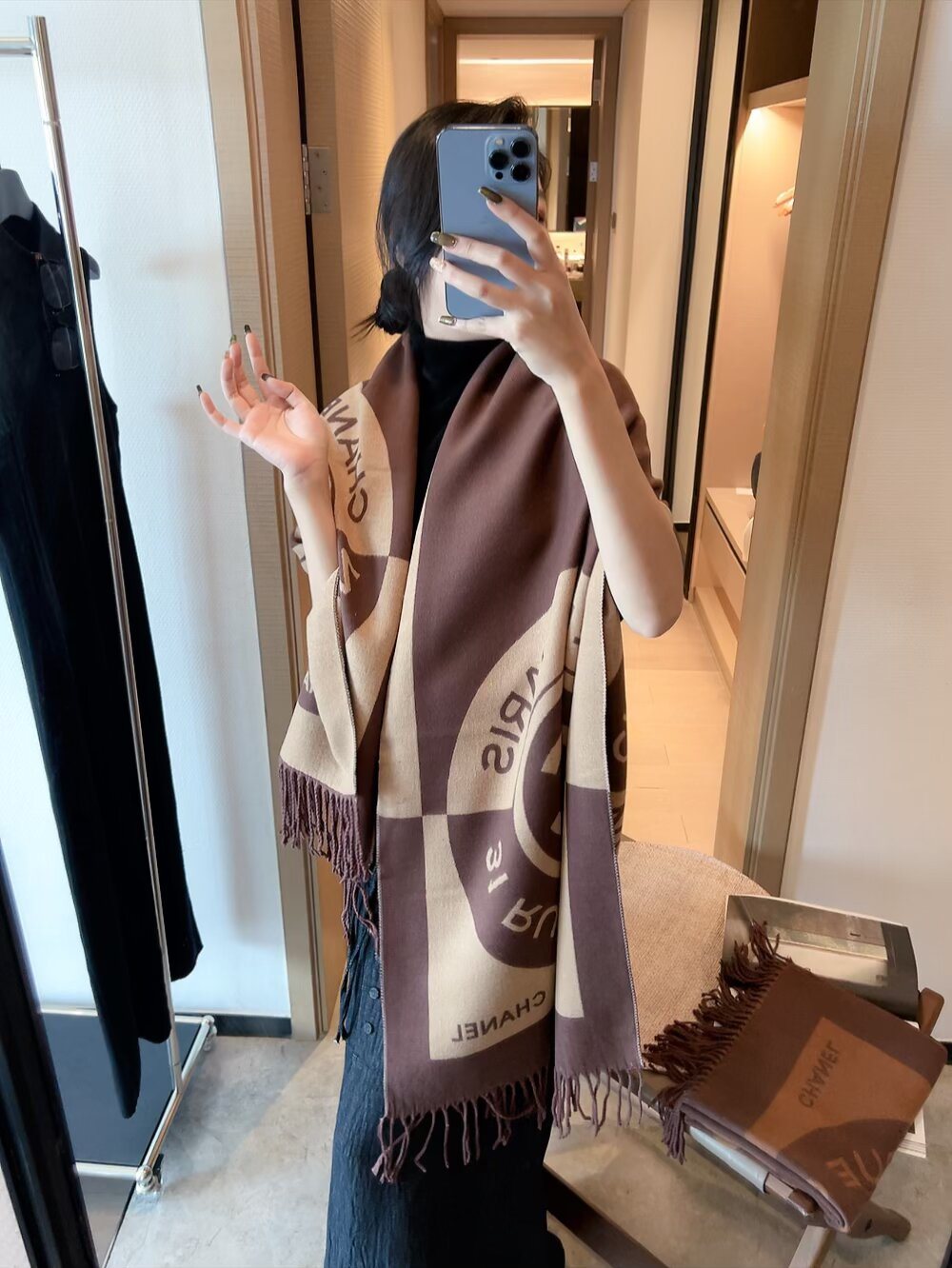 Chanel Brown Beige Fringed Scarf — model