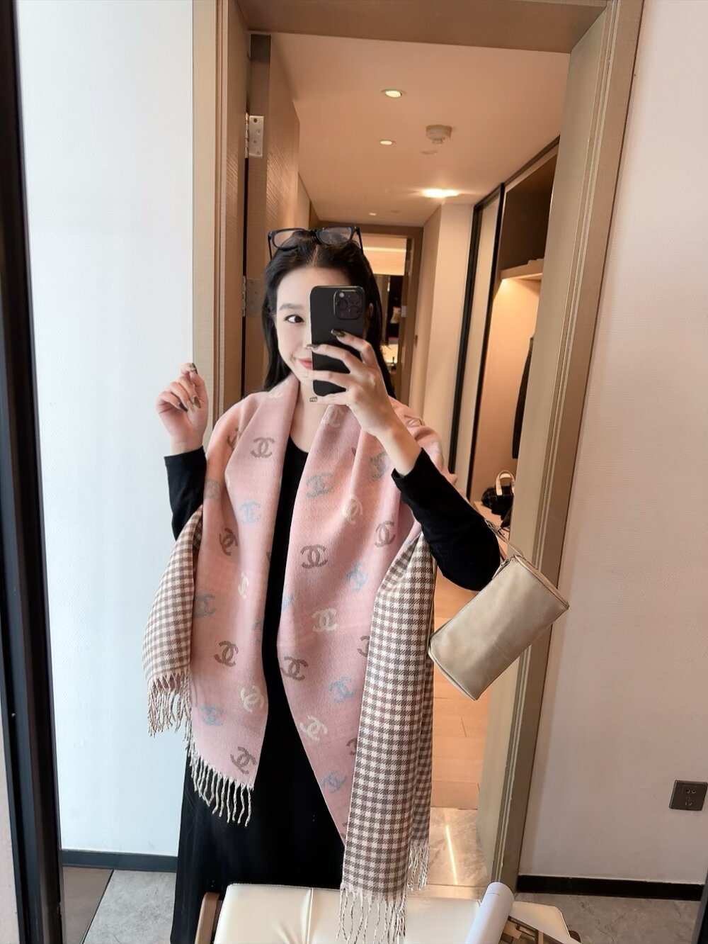 Chanel Reversible Interlocking-C Fringe Scarf — model