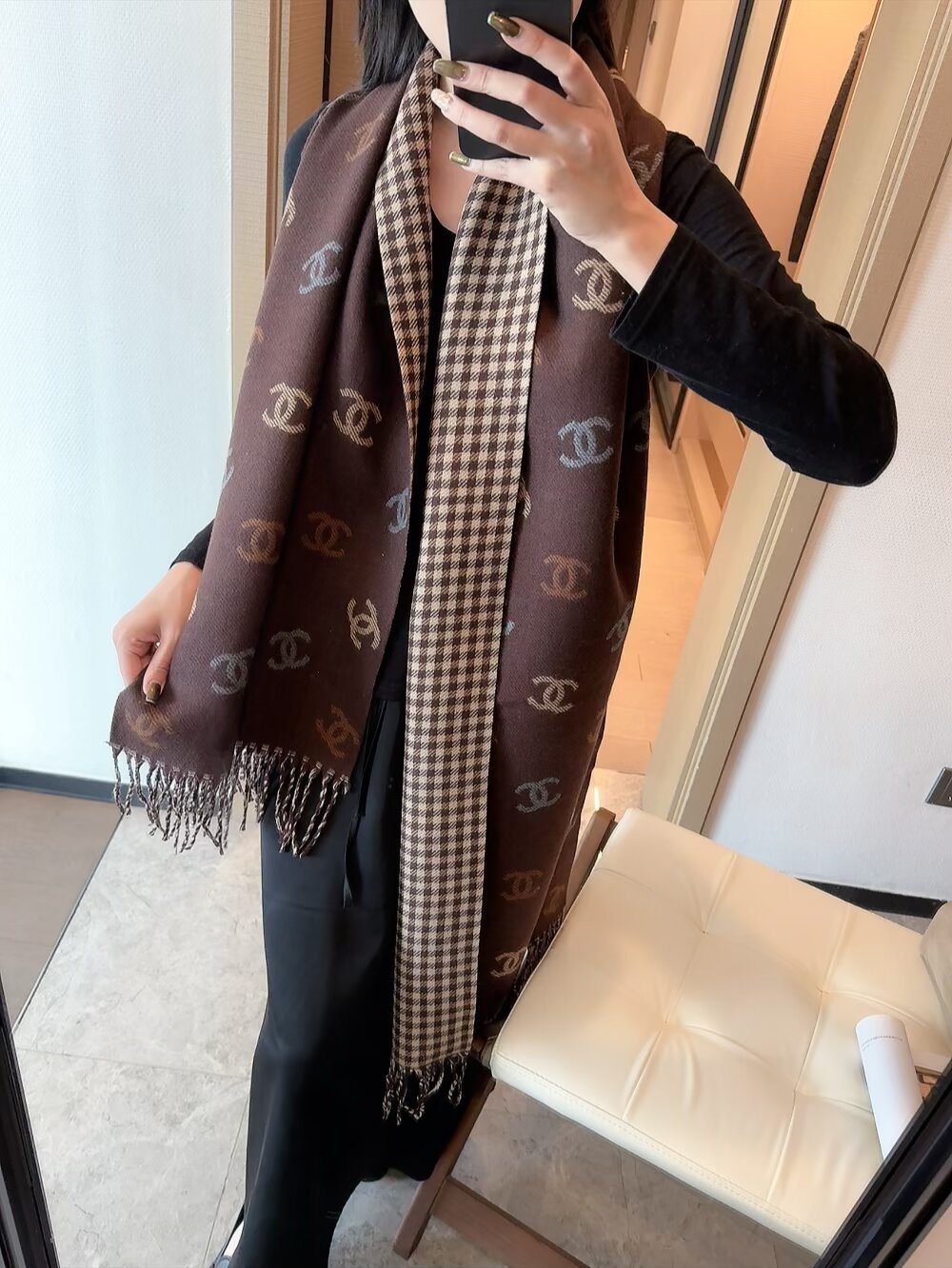 Chanel Reversible Interlocking-C Fringe Scarf — model