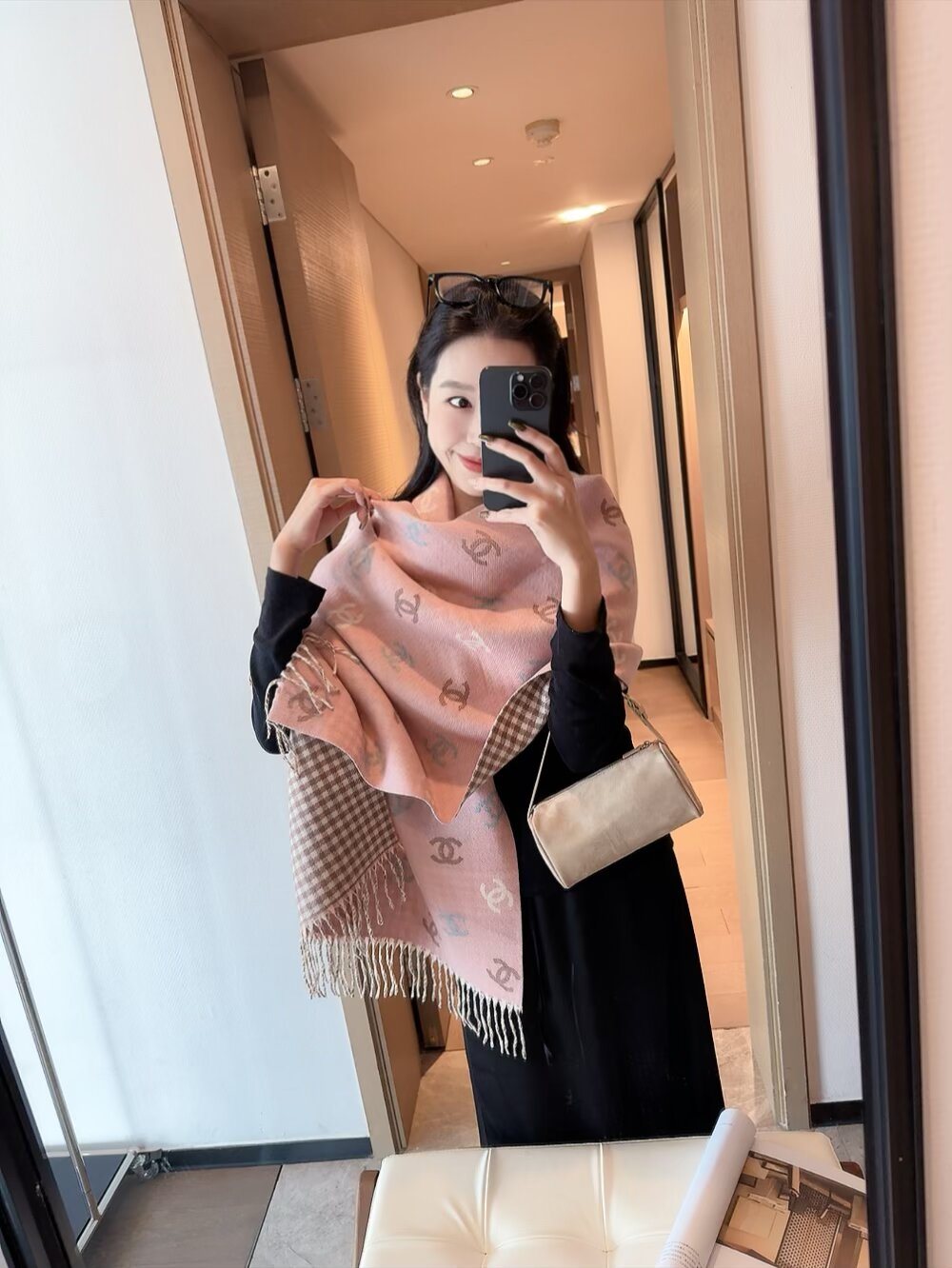 Chanel Reversible Interlocking-C Fringe Scarf — model