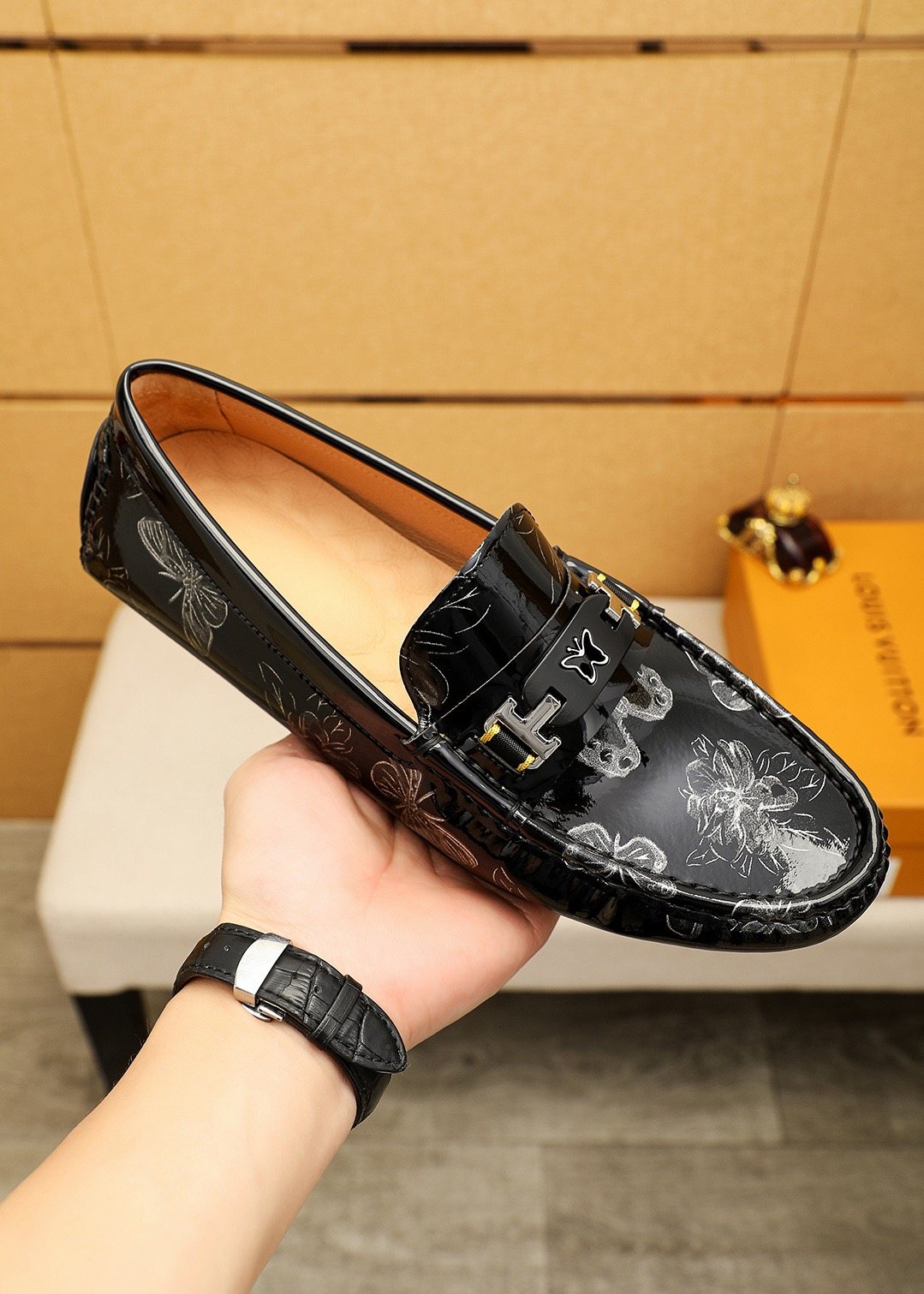 Louis Vuitton Black Floral-Embossed Buckle Loafers — model
