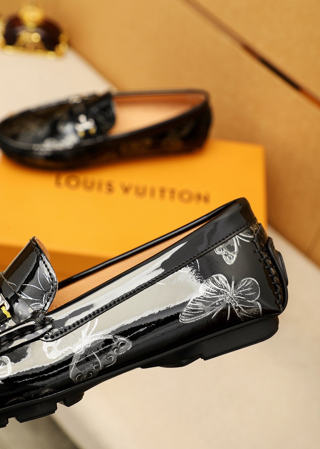 Louis Vuitton Black Floral-Embossed Buckle Loafers — detail
