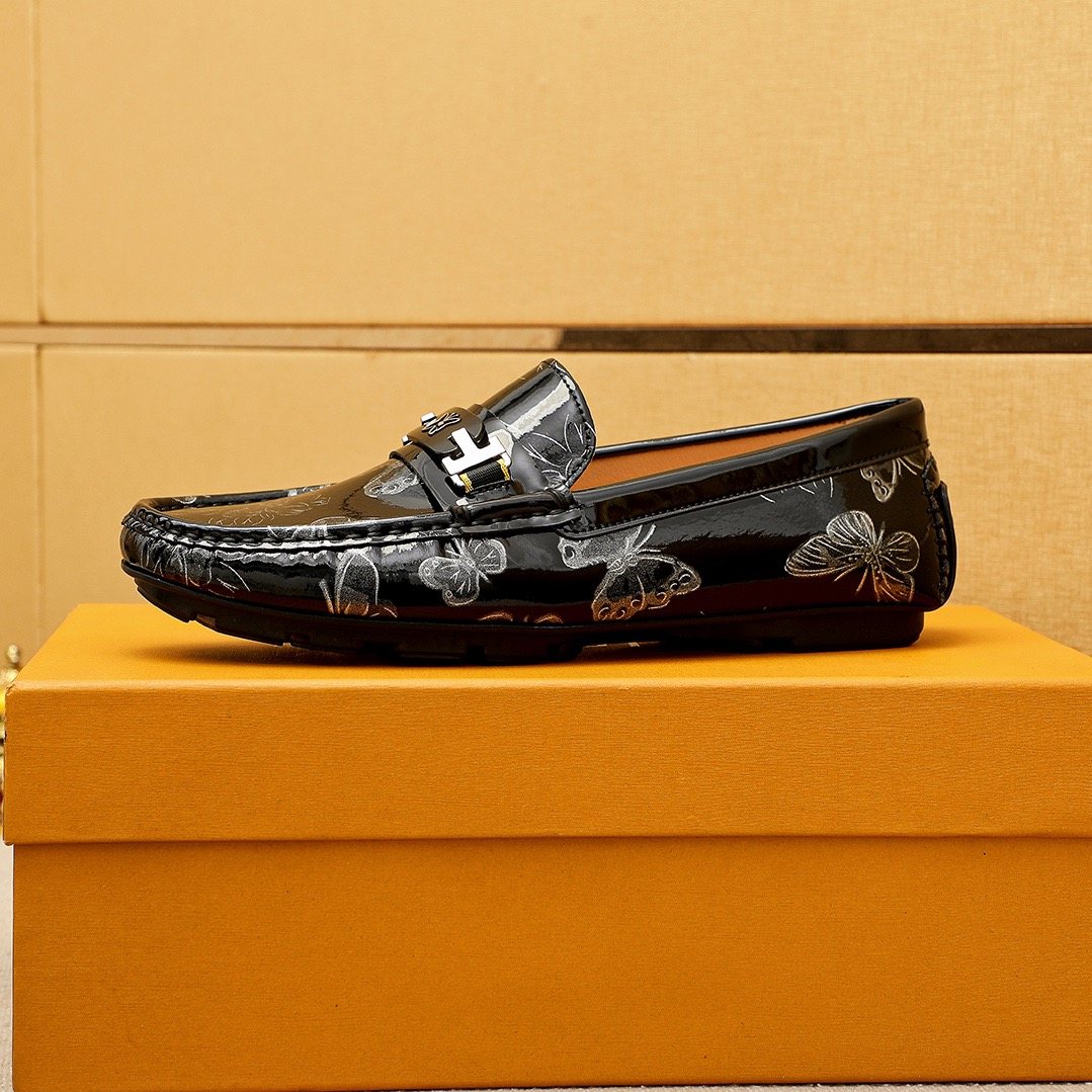 Louis Vuitton Black Floral-Embossed Buckle Loafers — side