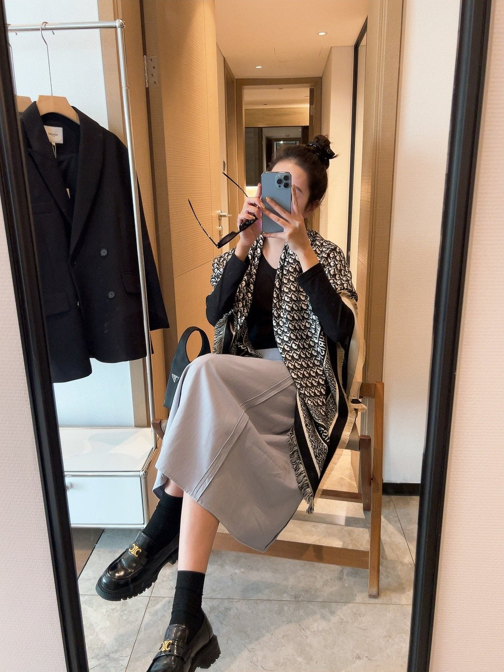 Dior Monogram Fringe Square Scarf — model