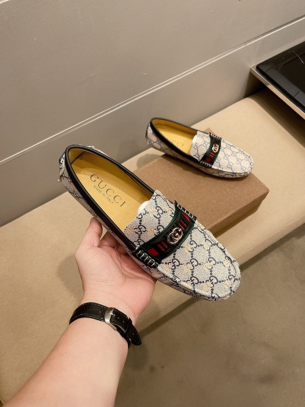 Gucci Monogram Stripe Loafers — front