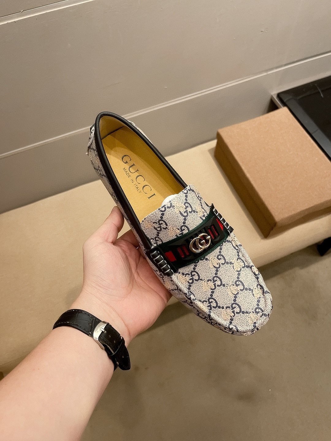 Gucci Monogram Stripe Loafers — front