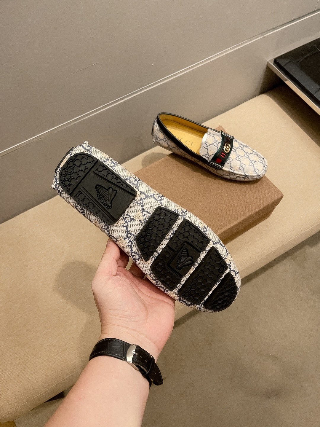 Gucci Monogram Stripe Loafers — detail