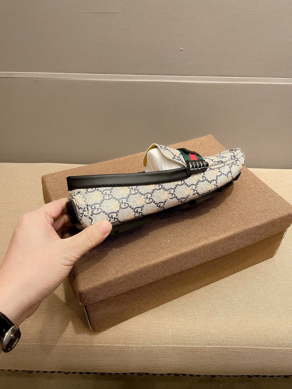 Gucci Monogram Stripe Loafers — side