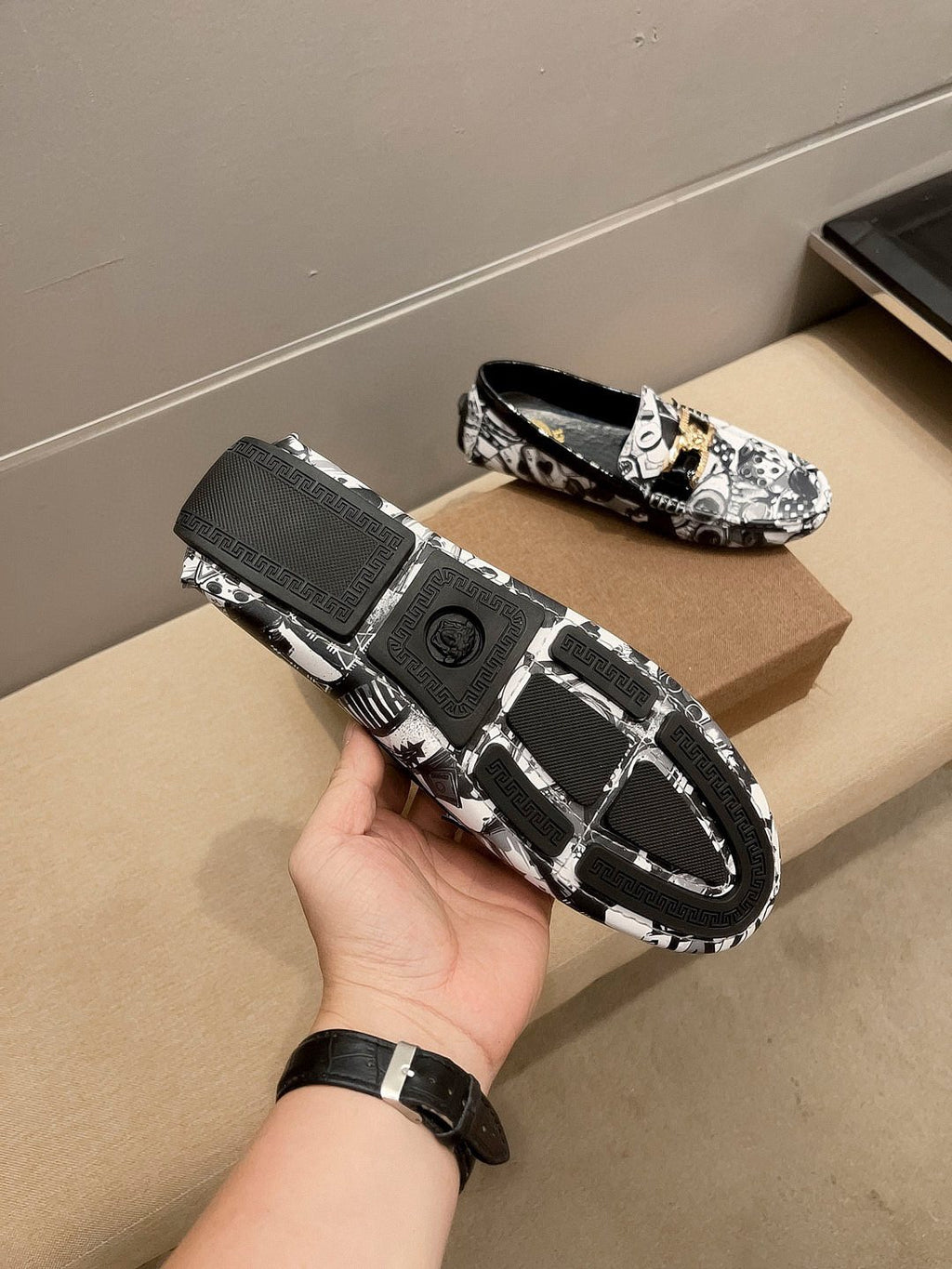 Black & White Graphic Gold-Tone Loafers — detail