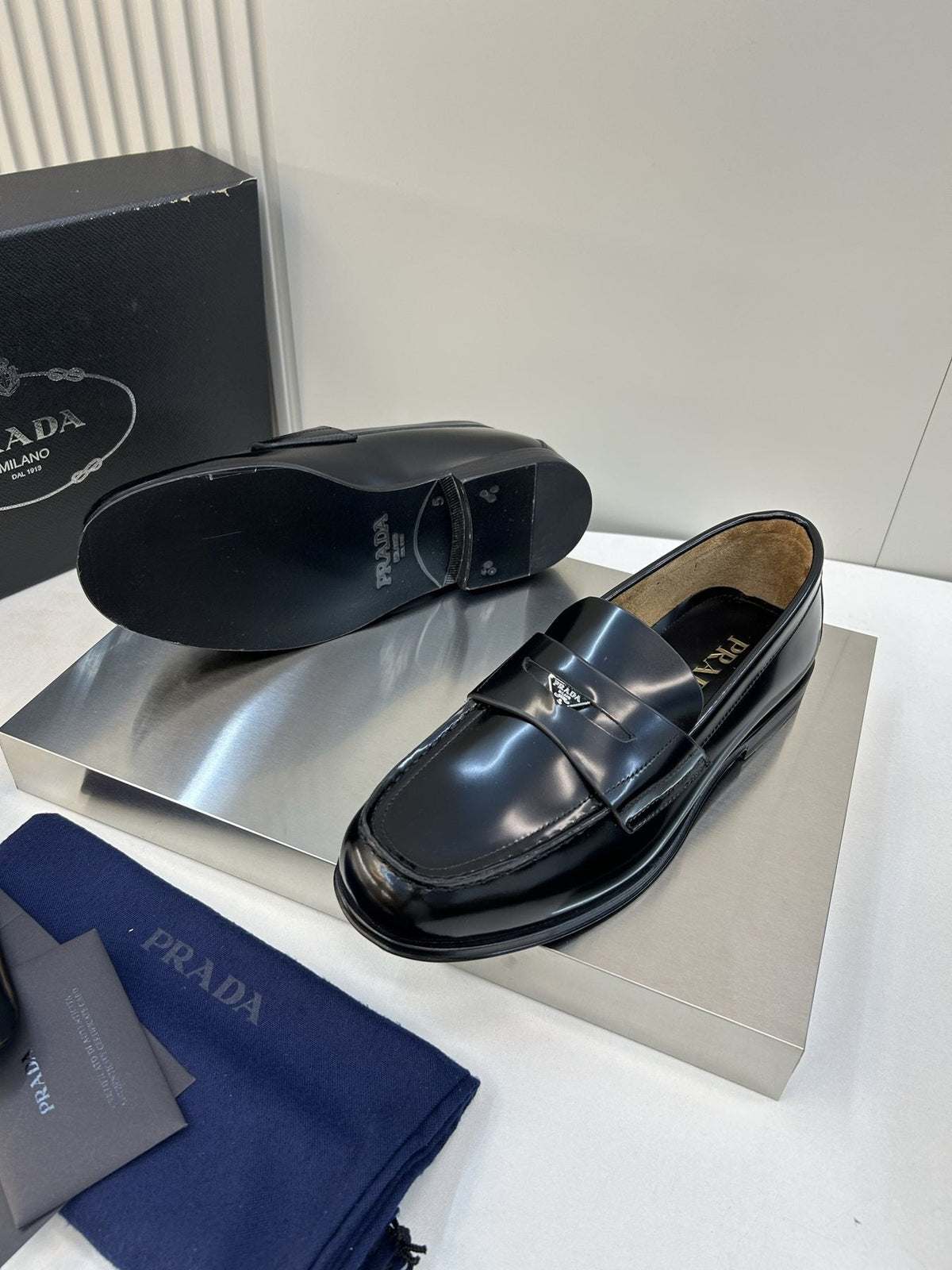 Prada Black Glossy Moc-Toe Loafers — side