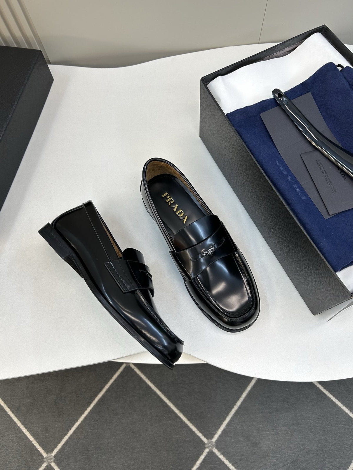 Prada Black Glossy Moc-Toe Loafers — side