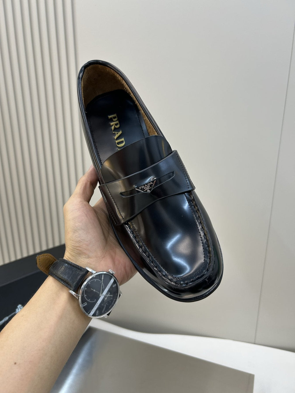 Prada Black Glossy Moc-Toe Loafers — front