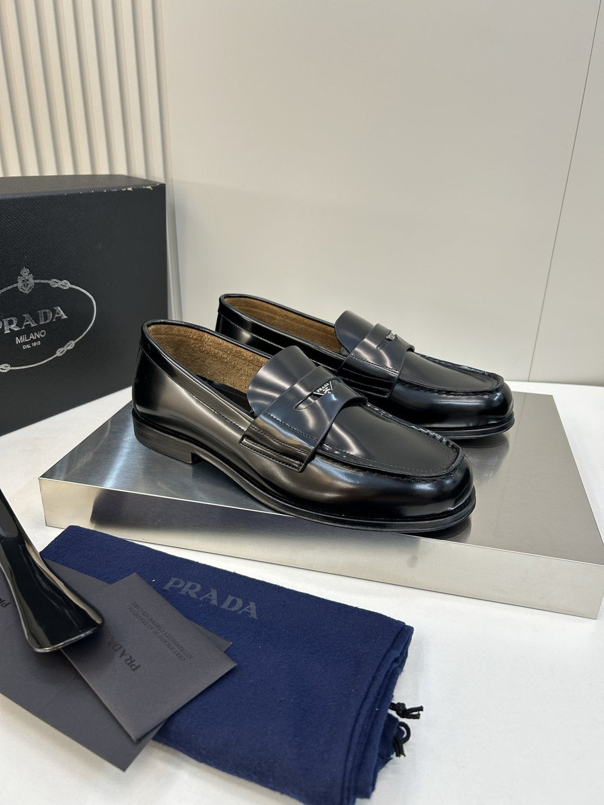 Prada Black Glossy Moc-Toe Loafers — side