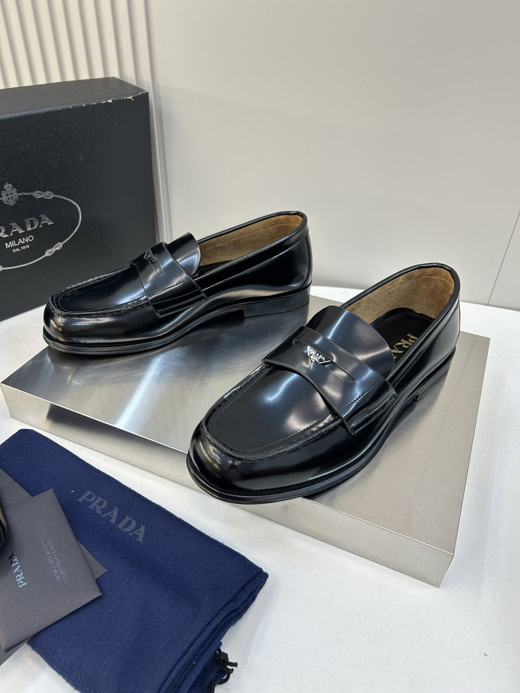 Prada Black Glossy Moc-Toe Loafers — front