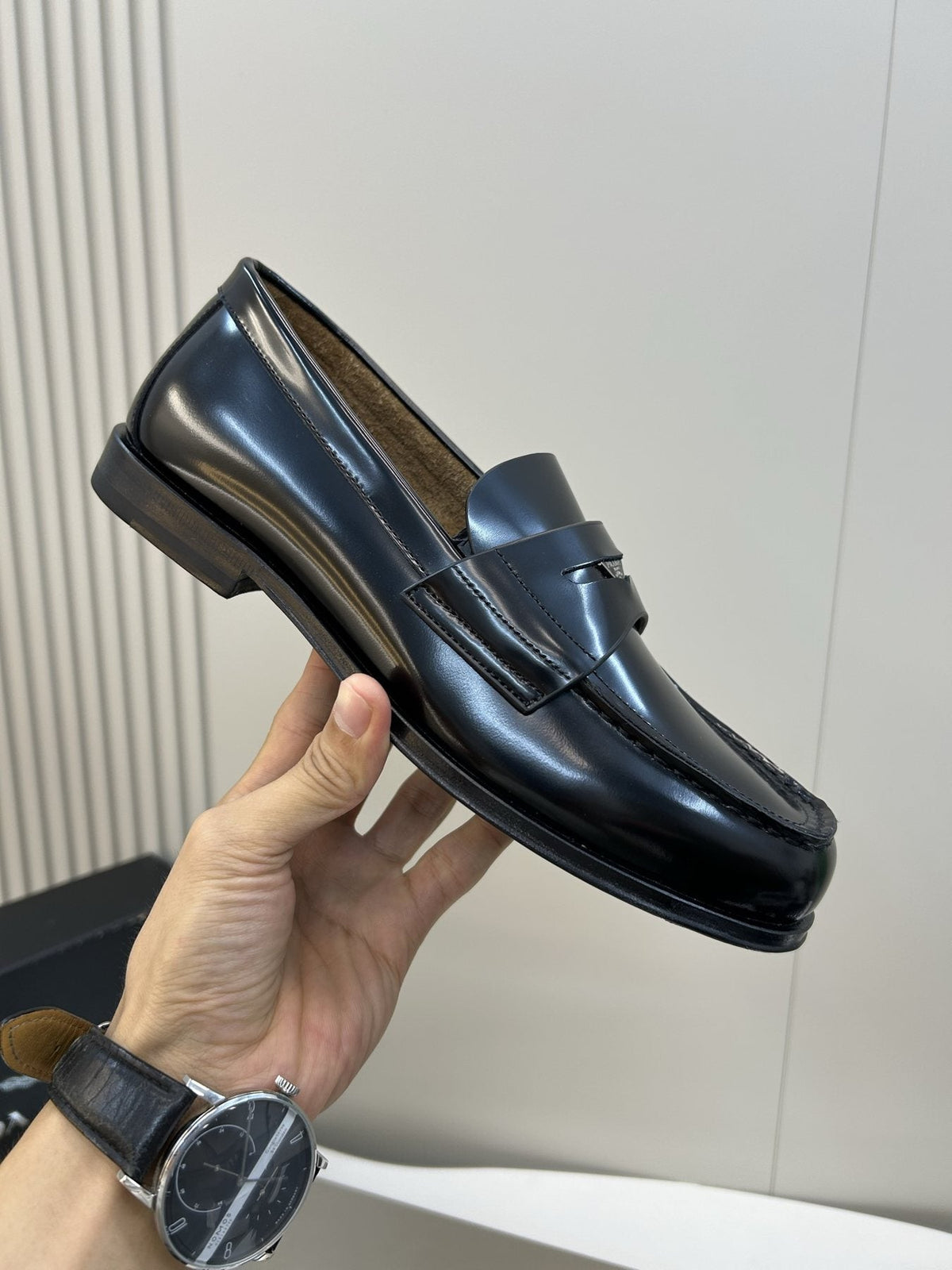 Prada Black Glossy Moc-Toe Loafers — side