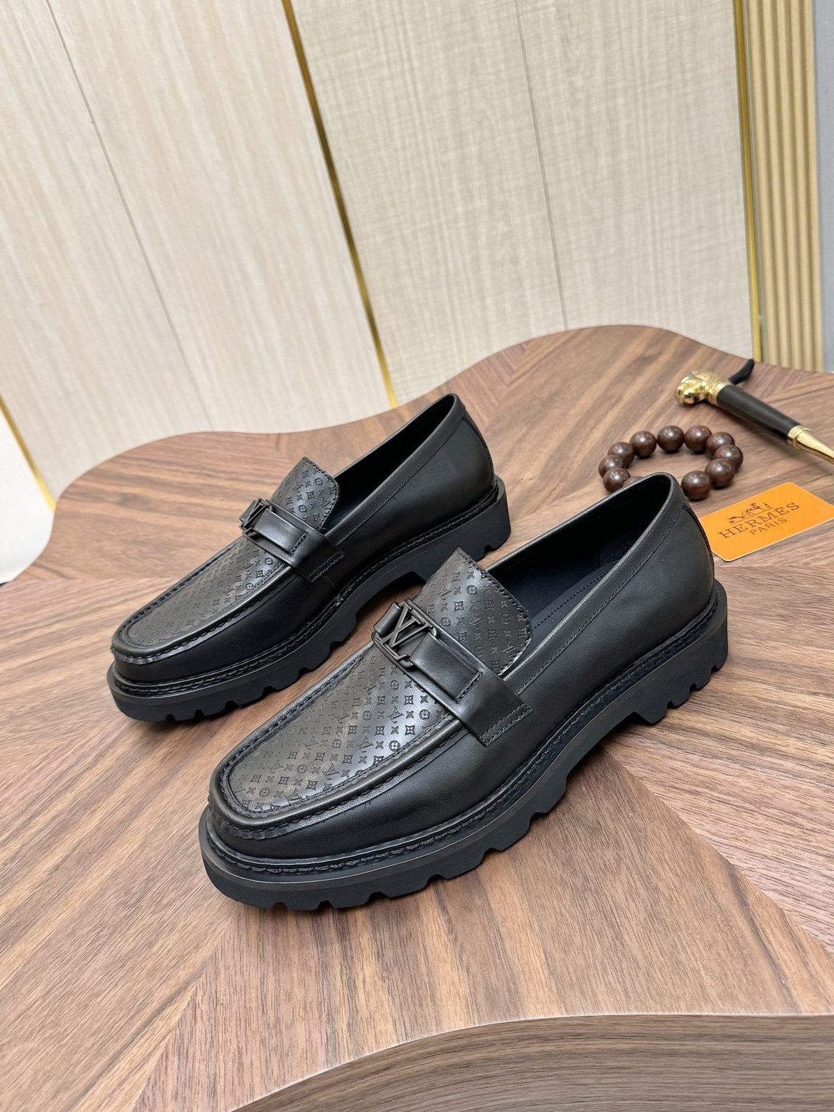 Louis Vuitton Black Textured Loafers — front