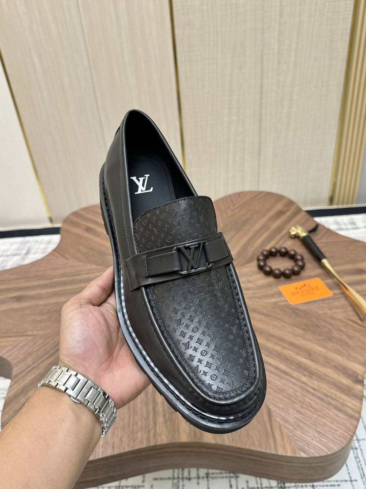 Louis Vuitton Black Textured Loafers — front