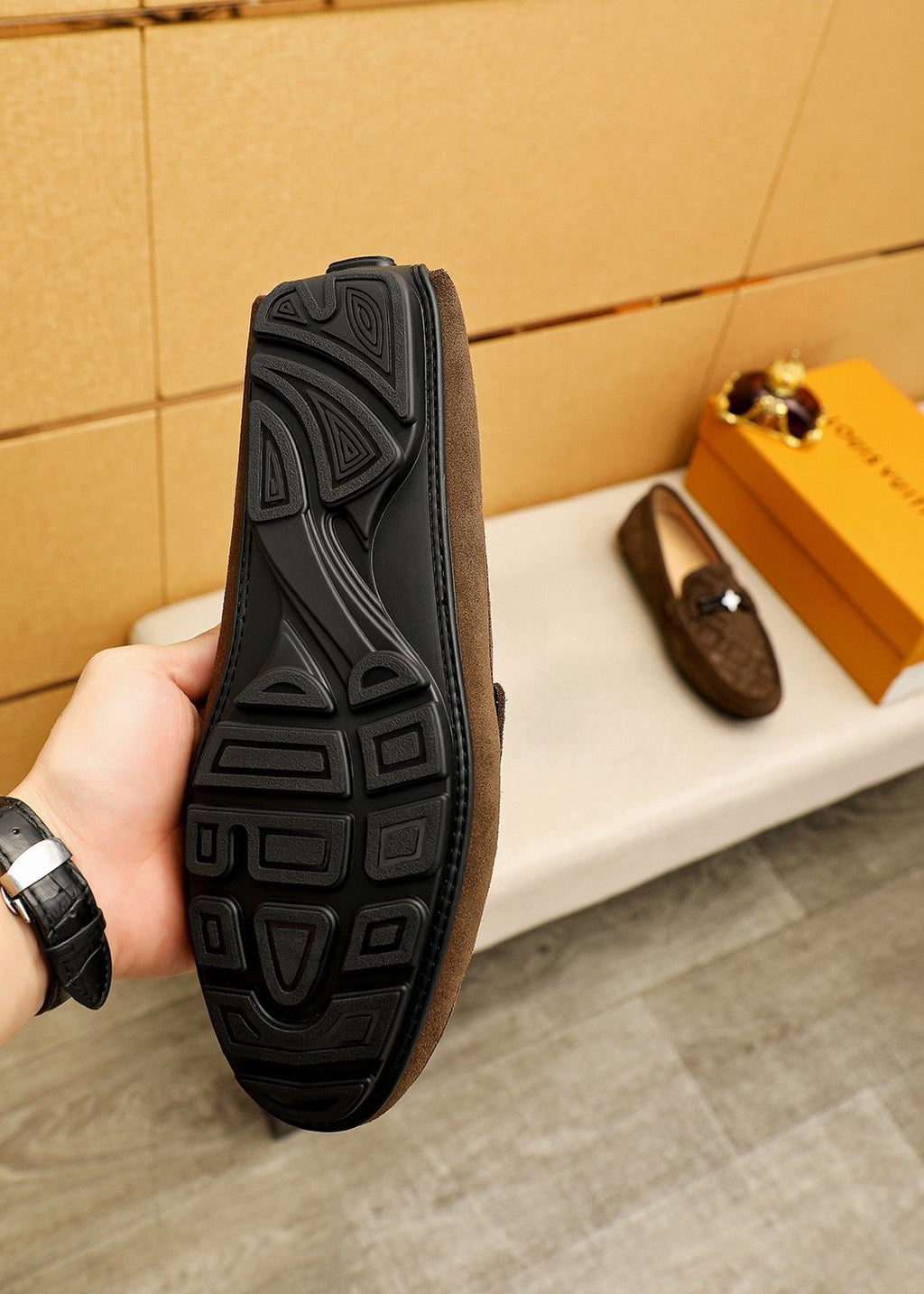 Louis Vuitton Embossed Metal-Detail Loafers — model
