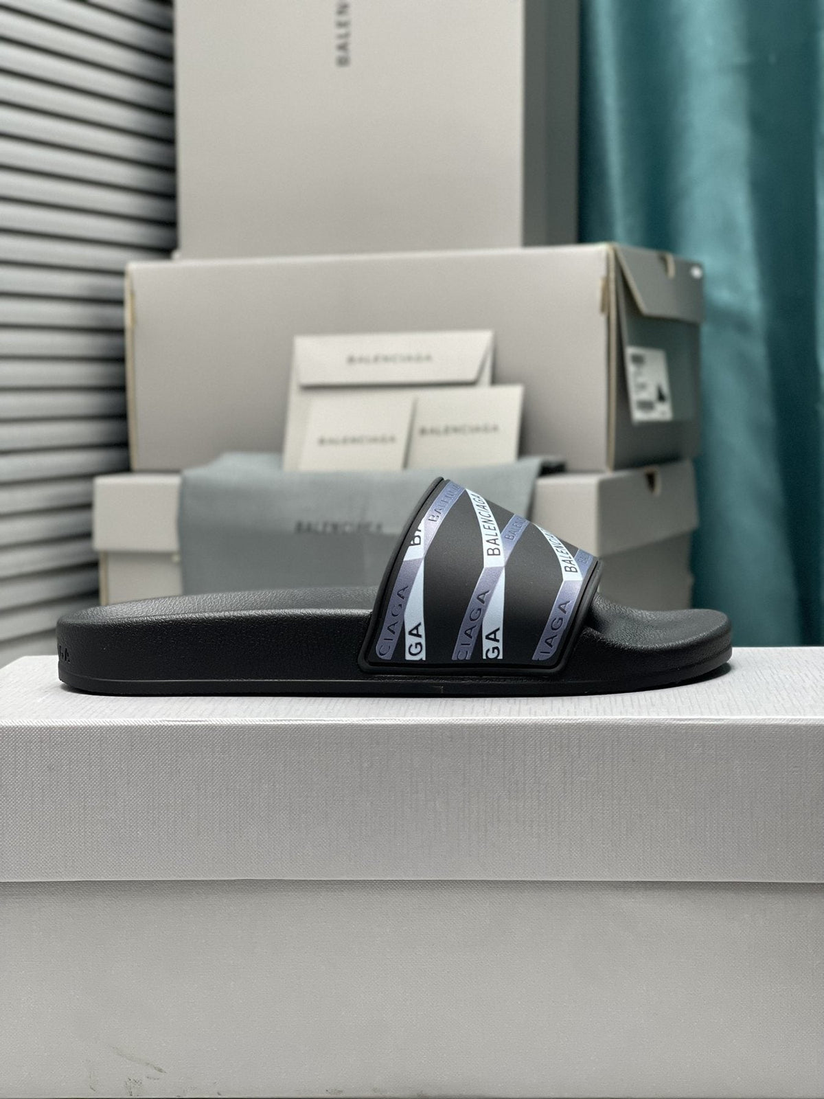 Balenciaga Logo Strap Slide Sandals — side