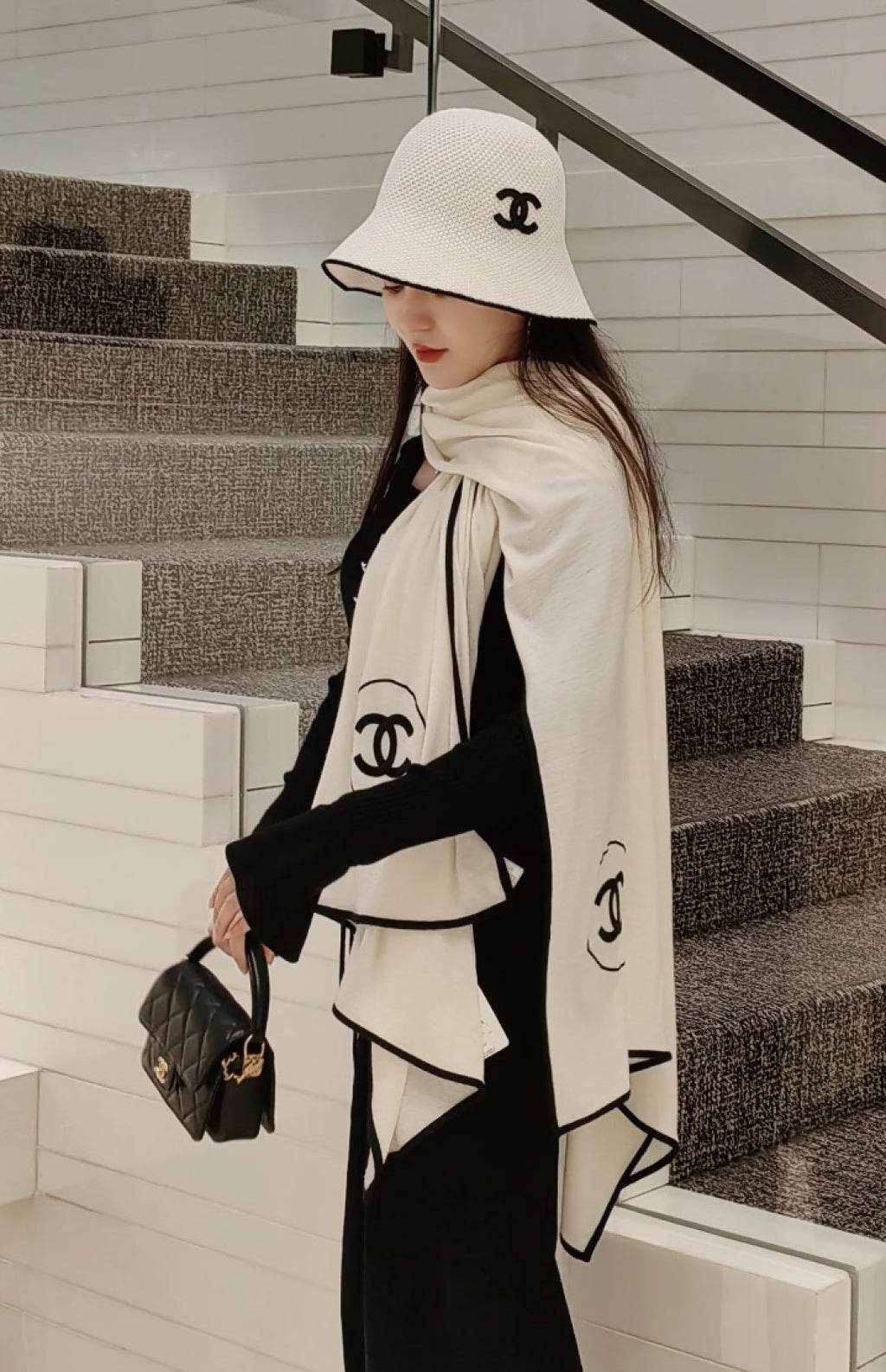 Chanel Reversible Contrast Trim Scarf Shawl — model