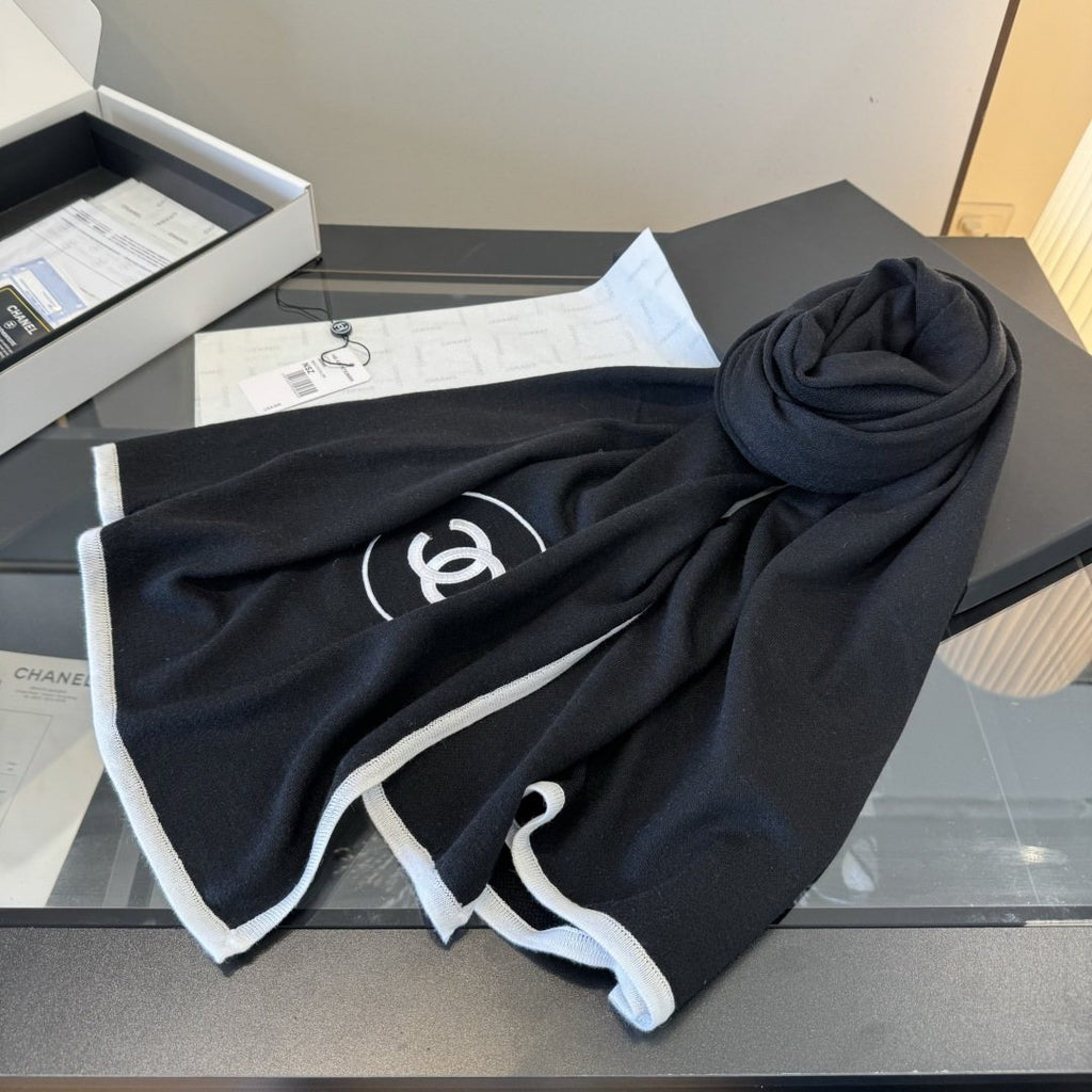 Chanel Black Logo Trim Scarf — front