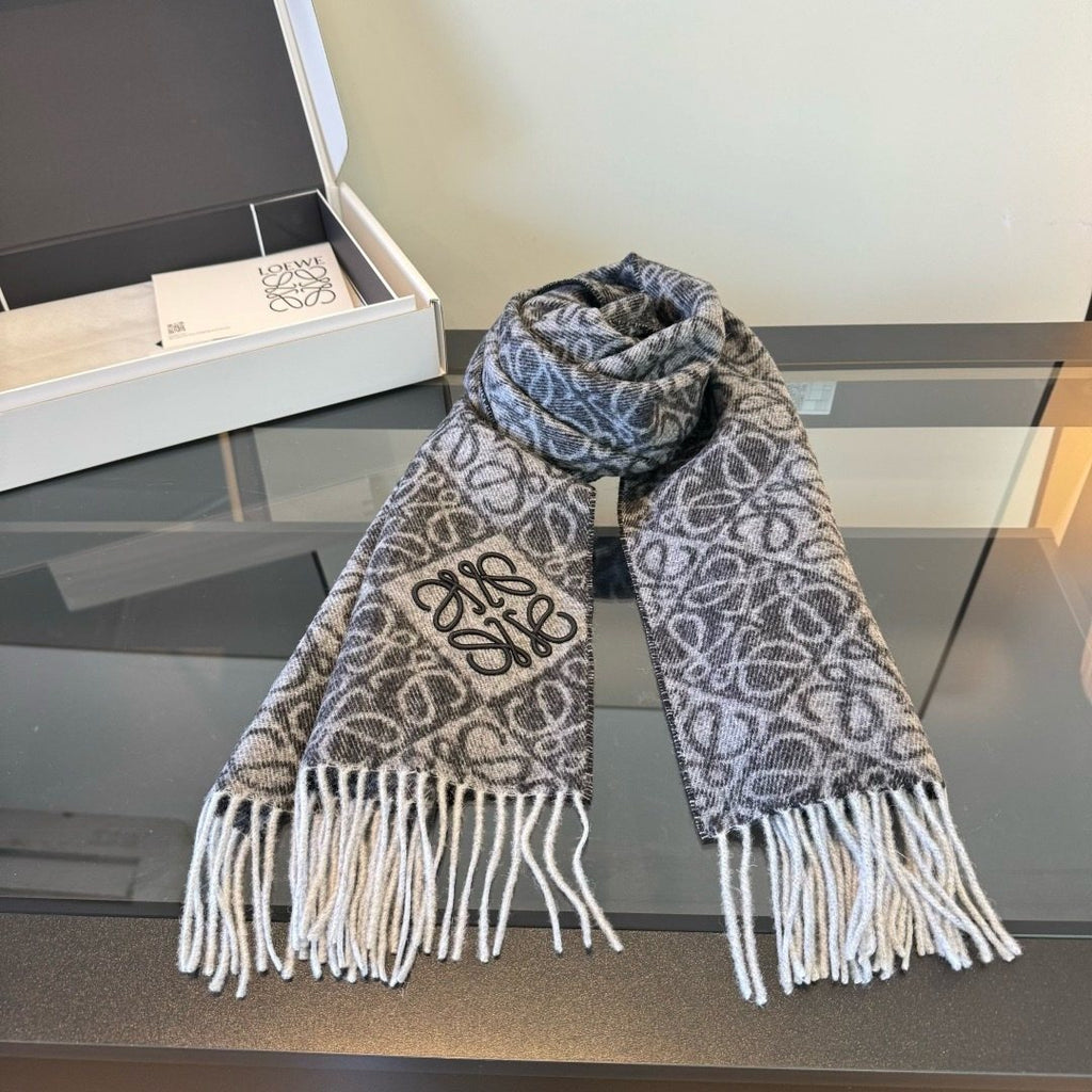 Loewe Charcoal Gray & Ivory Fringed Scarf — front