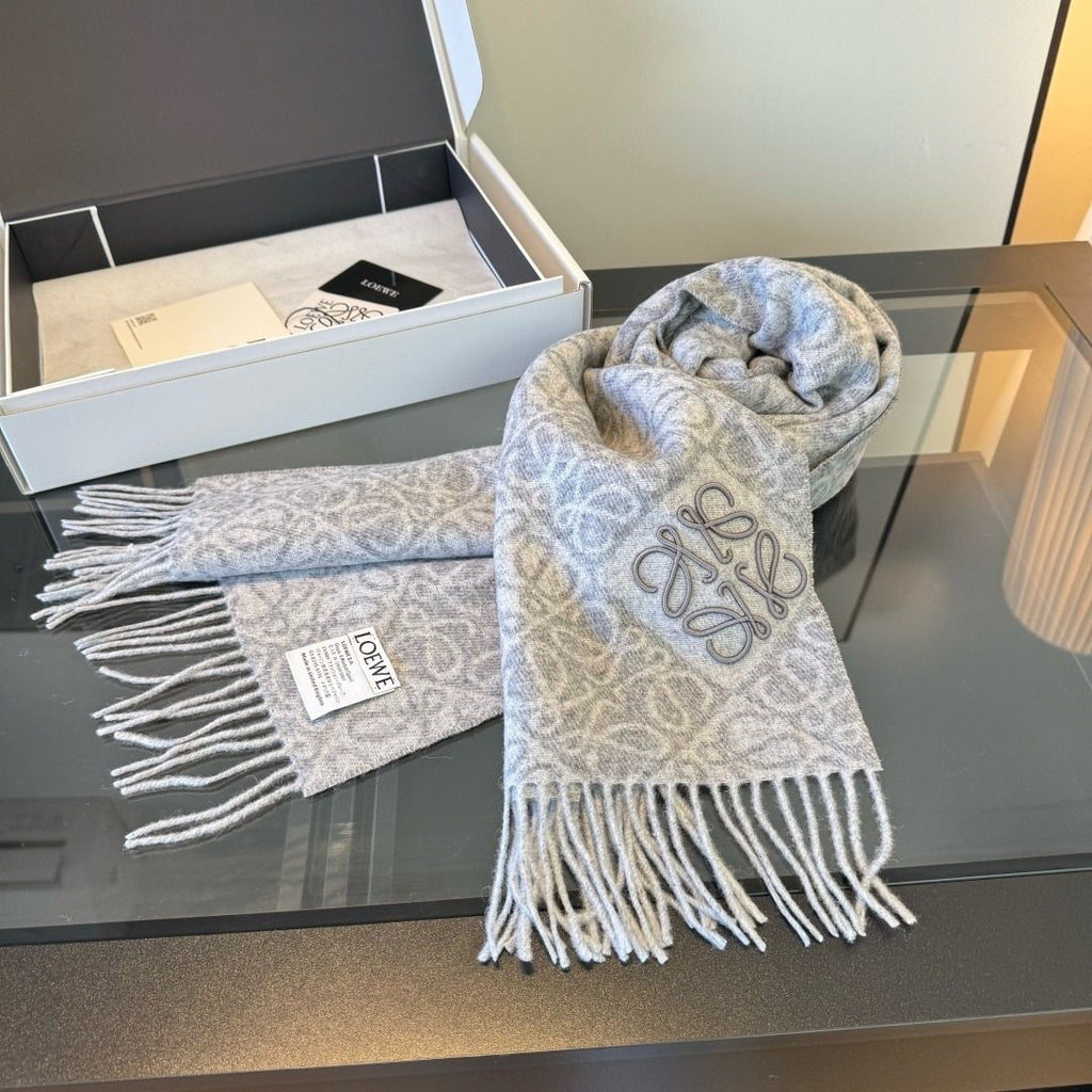 Loewe Charcoal Gray & Ivory Fringed Scarf — front