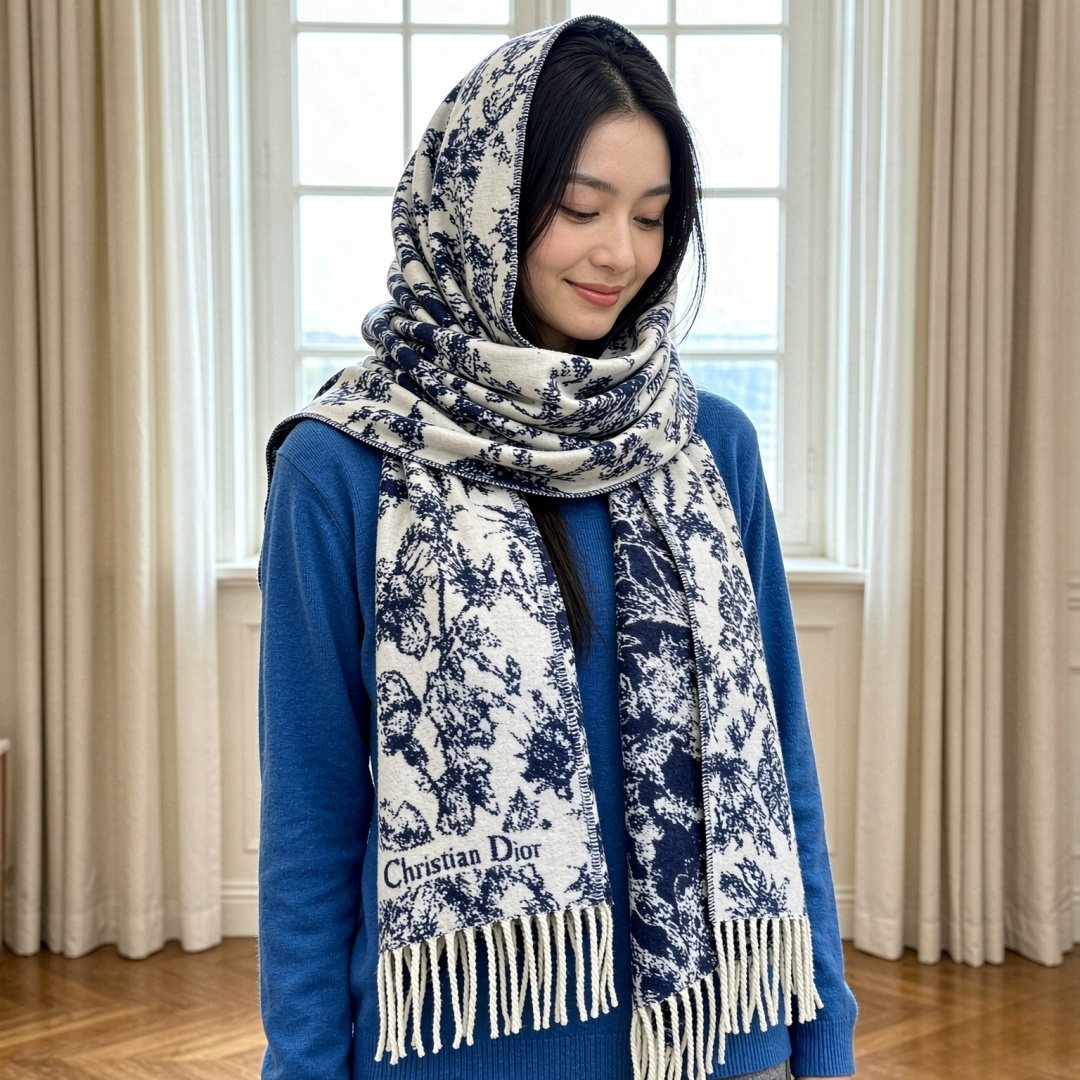 Dior Botanical Toile Fringed Scarf — model