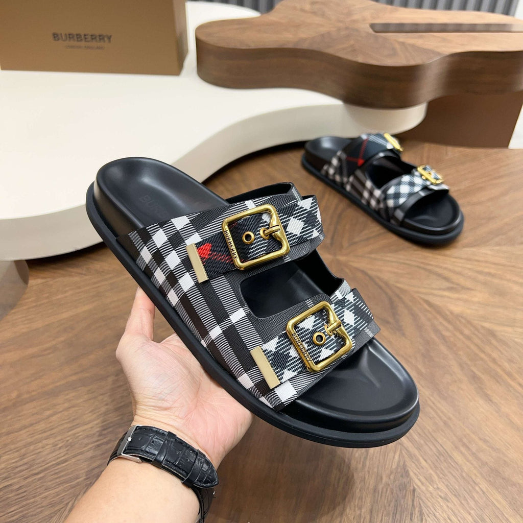 Burberry Plaid Two-Buckle Slide Sandals — side