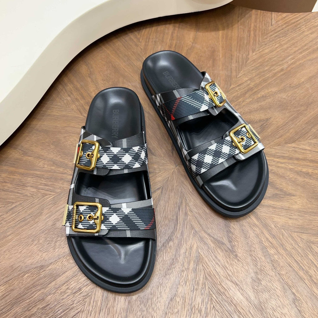Burberry Plaid Two-Buckle Slide Sandals — front