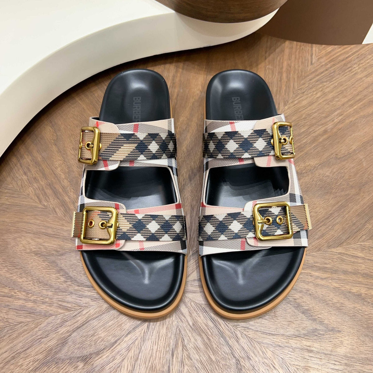 Burberry Plaid Two-Buckle Slide Sandals — front