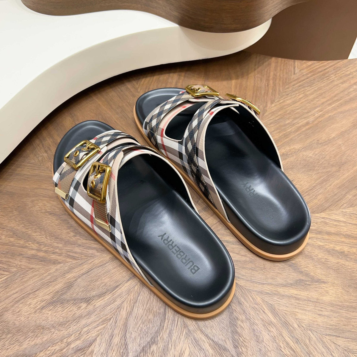 Burberry Plaid Two-Buckle Slide Sandals — back