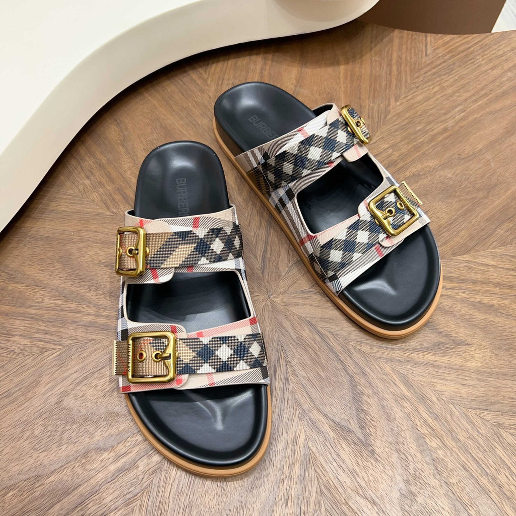 Burberry Plaid Two-Buckle Slide Sandals — front