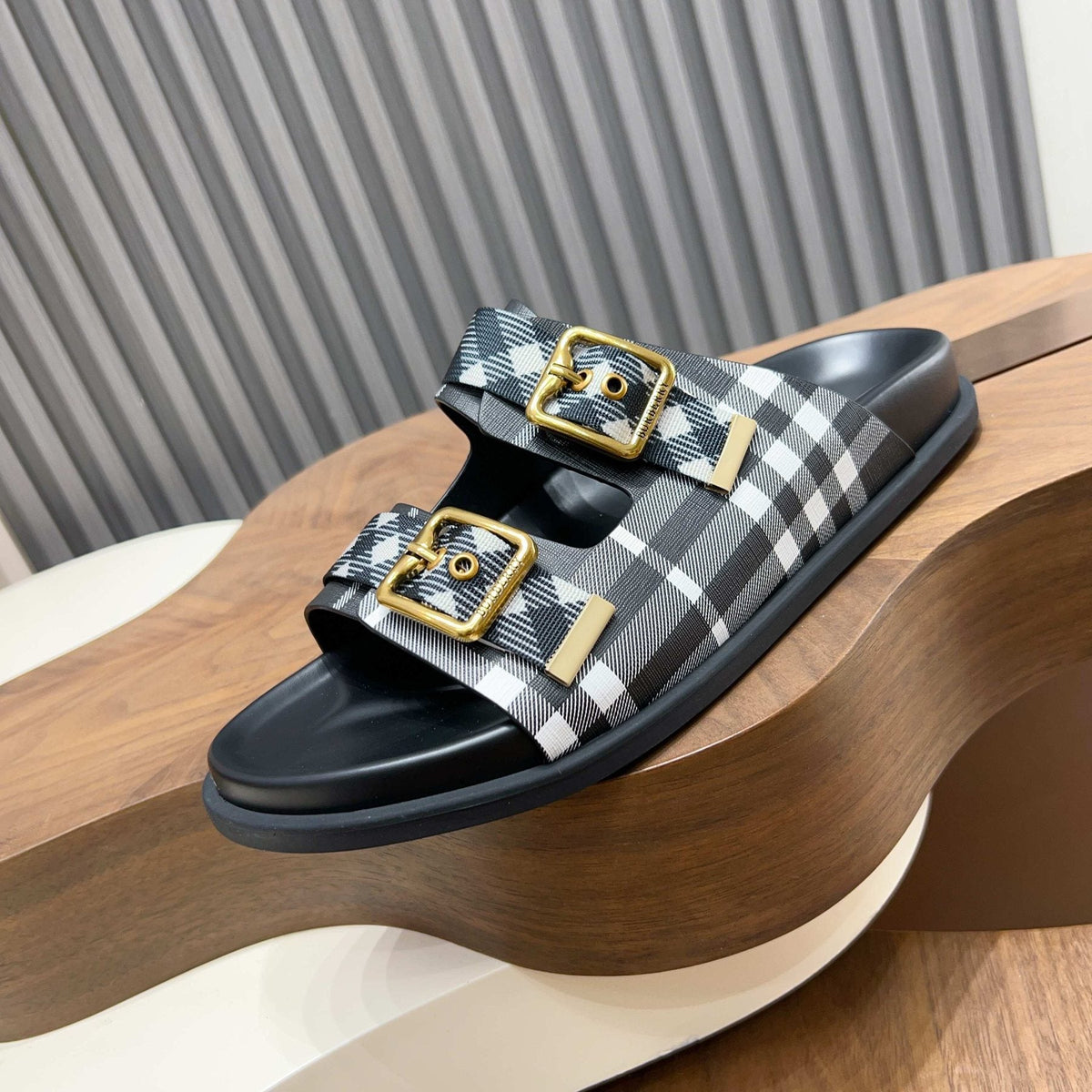 Burberry Plaid Two-Buckle Slide Sandals — side