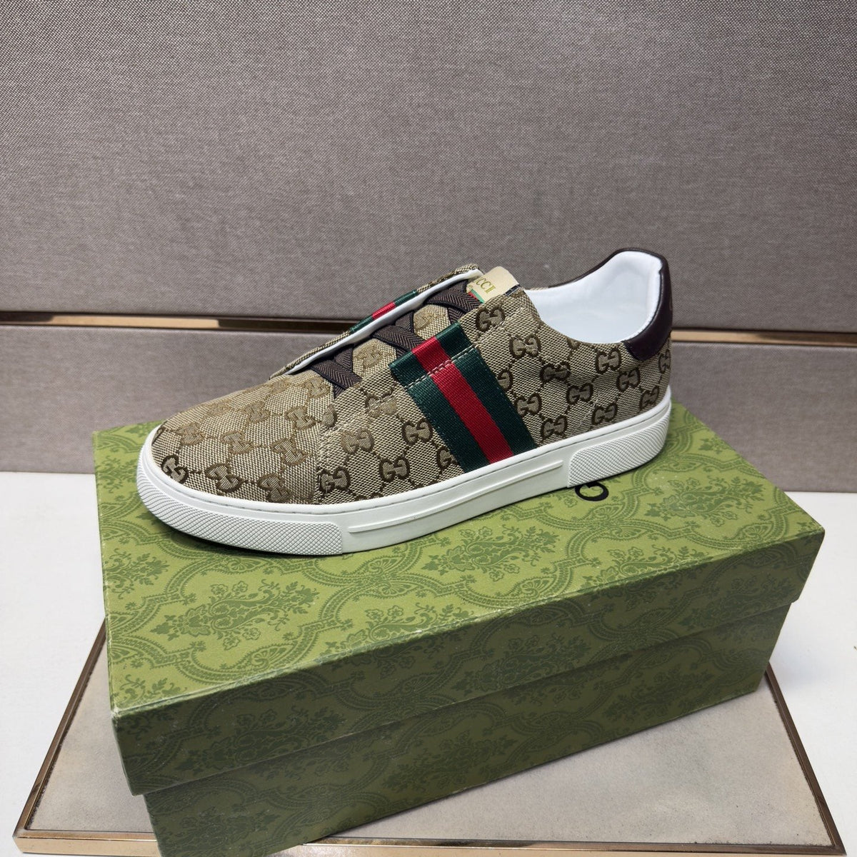 Gucci Men’s Monogram Web Slip-On Shoes — side
